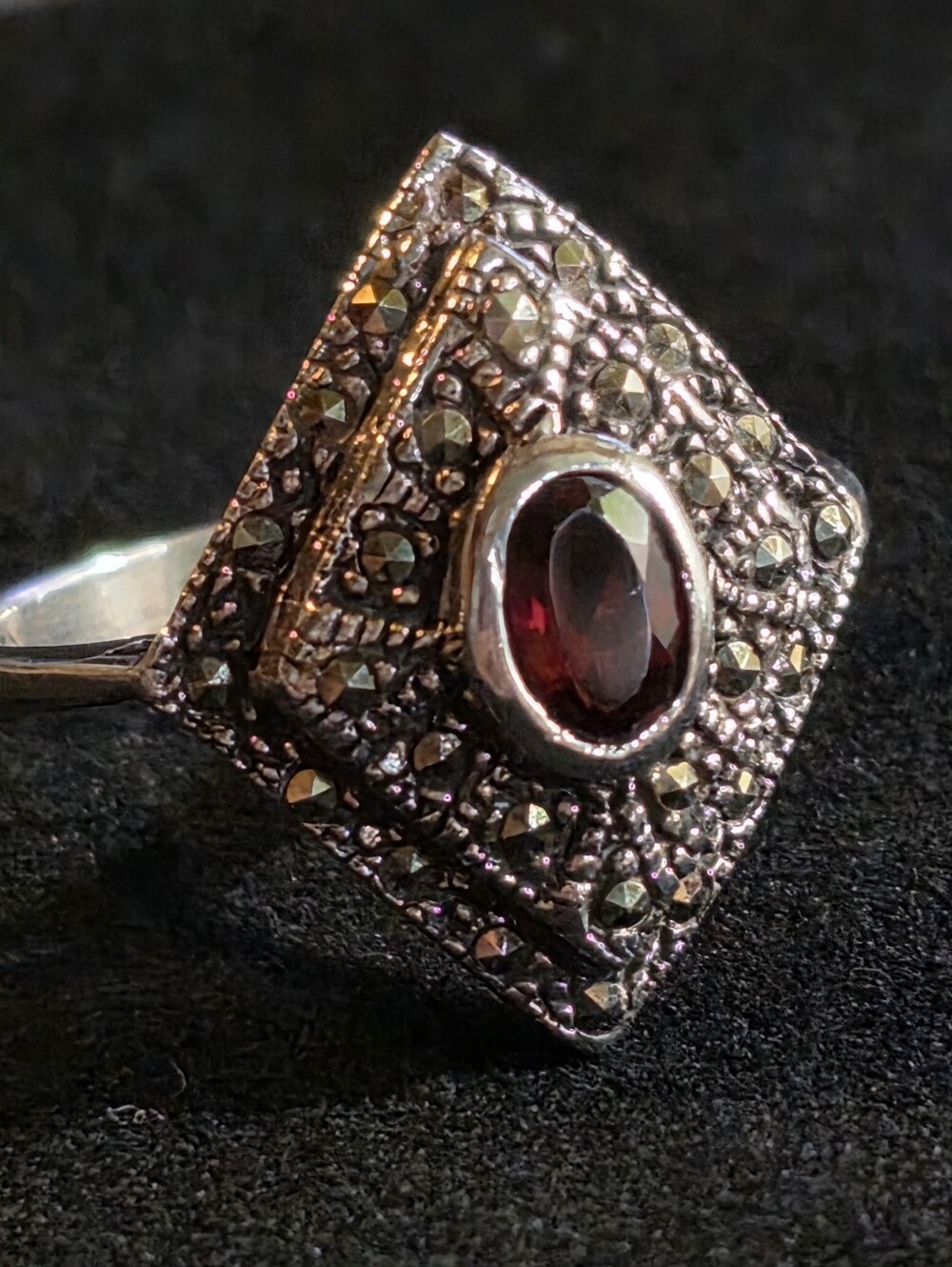 Vintage-Inspired Silver Marcasite Ring with Deep Red Garnet Center